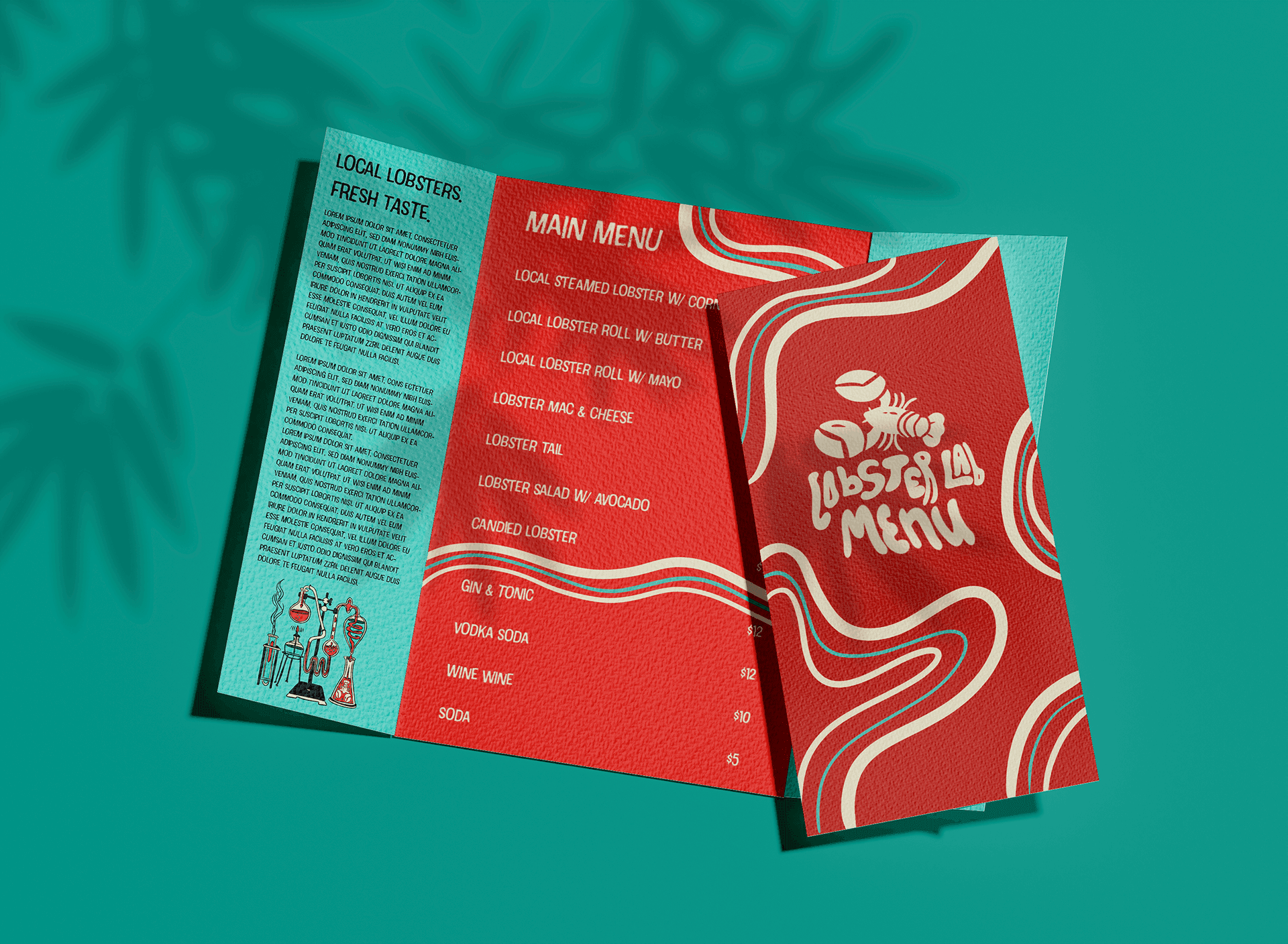 Lobster Lab bifold menu design — bold red with flowing wave patterns and retro typography | Menu design by Black Rabbit Creative