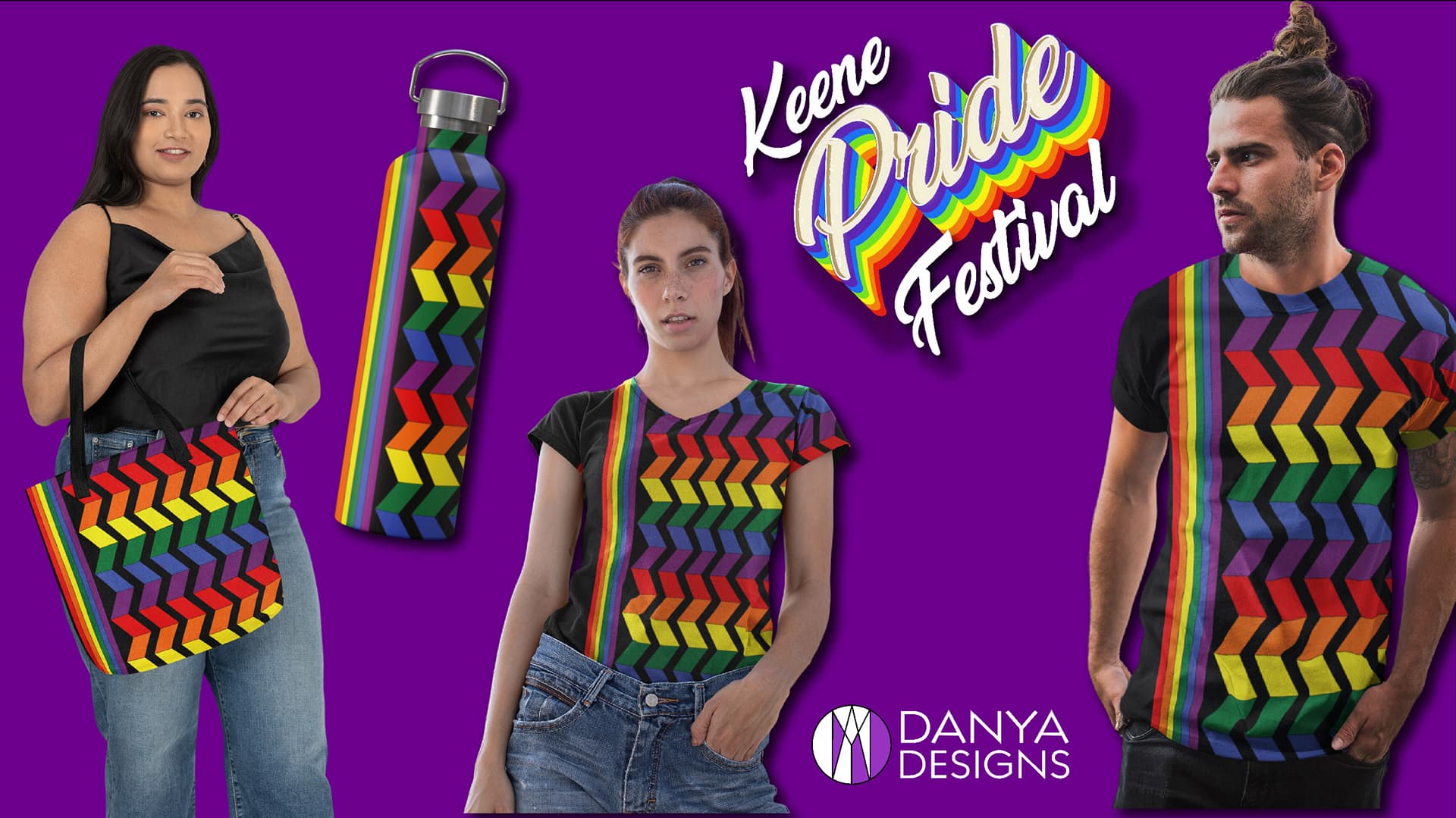 Keene Pride Festival merchandise spread — tote bags, water bottles, and t-shirts featuring the rainbow chevron design | Merchandise by Black Rabbit Creative