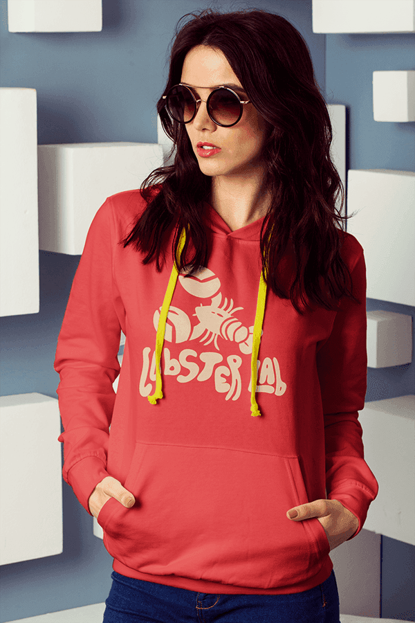 Woman wearing Lobster Lab branded red hoodie with retro logo | Merchandise by Black Rabbit Creative