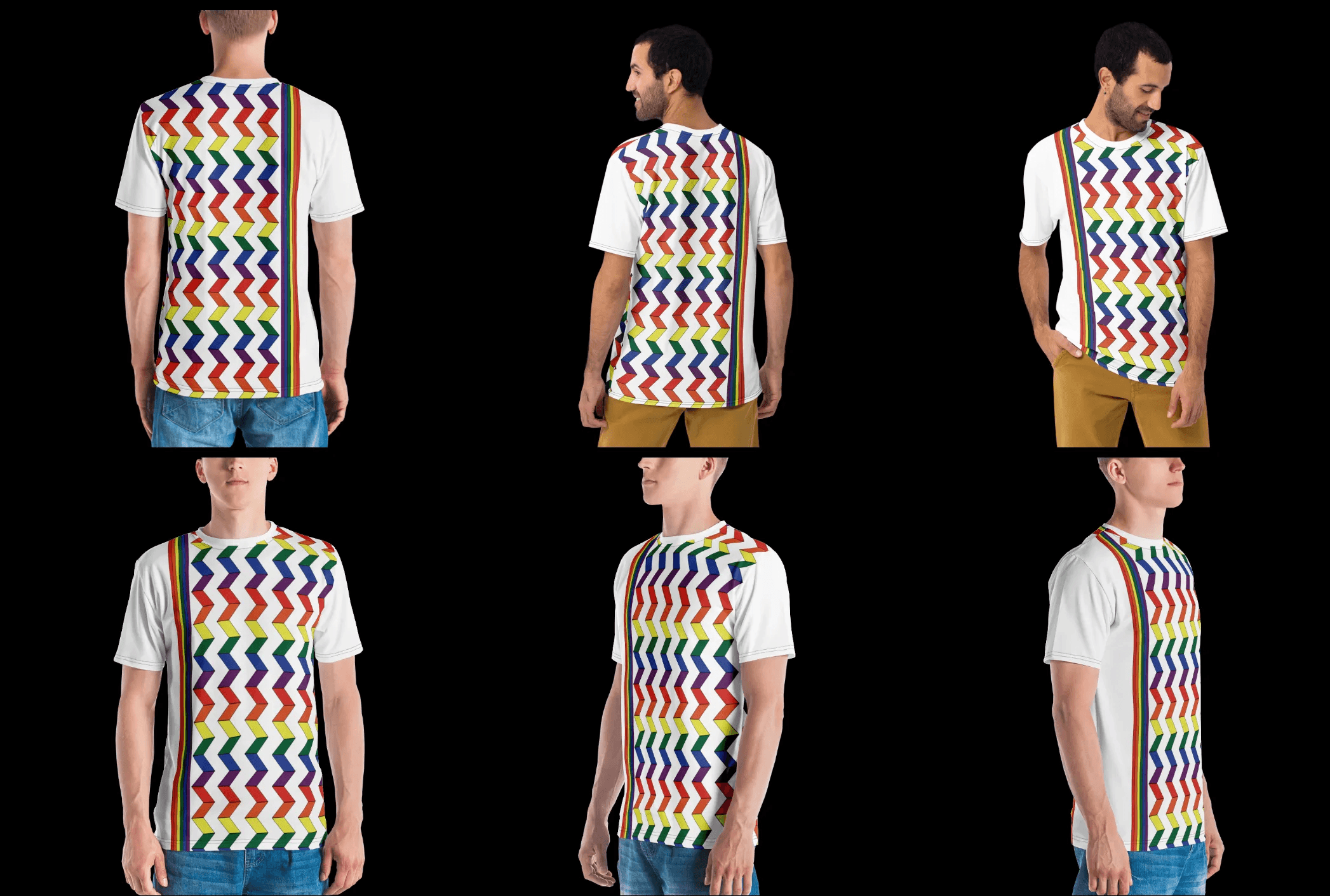 Keene Pride Festival t-shirt designs — six views showing the rainbow chevron pattern across multiple models | Merchandise design by Black Rabbit Creative