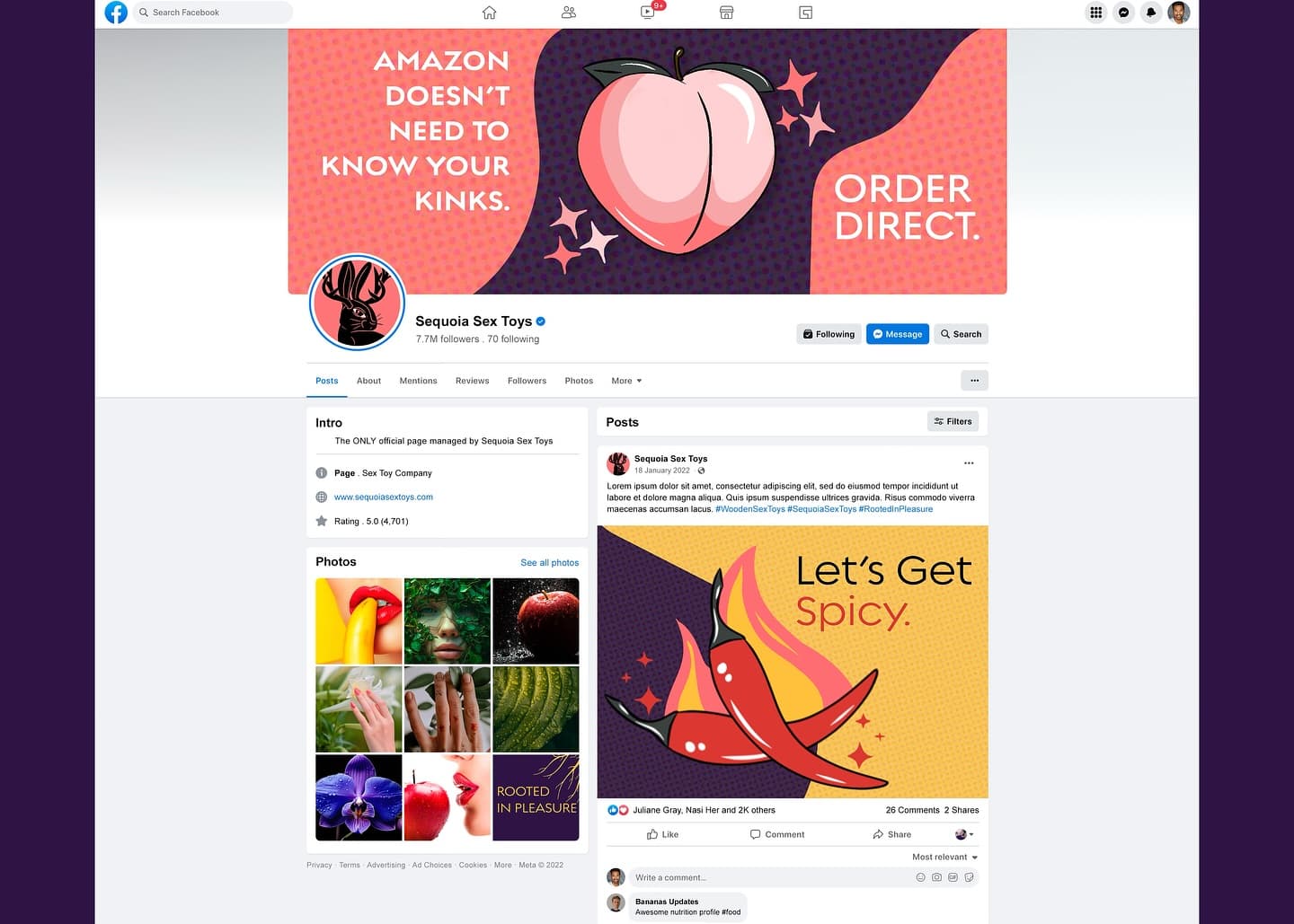 Sequoia Sex Toys Facebook business page with branded cover photo and curated posts | Social media by Black Rabbit Creative