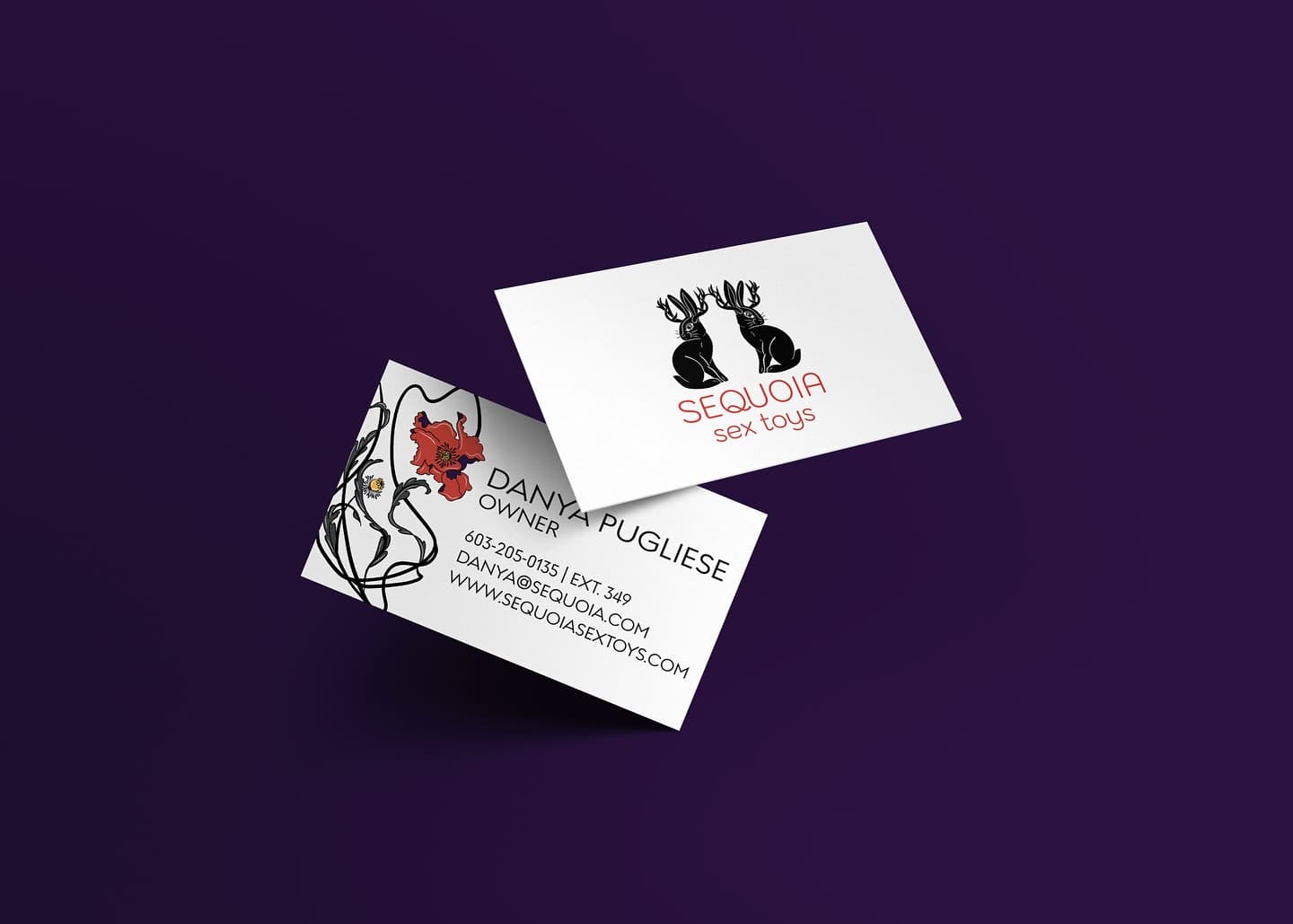 Sequoia Sex Toys business cards — front and back with jackalope logo and botanical illustrations | Brand identity by Black Rabbit Creative