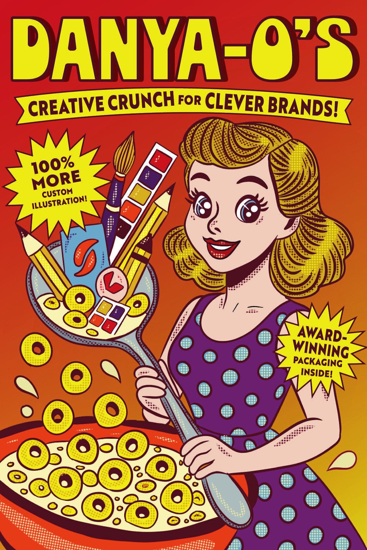 Danya-O's Creative Crunch cereal box front — retro pop-art illustrated self-promotion piece | Illustration by Black Rabbit Creative