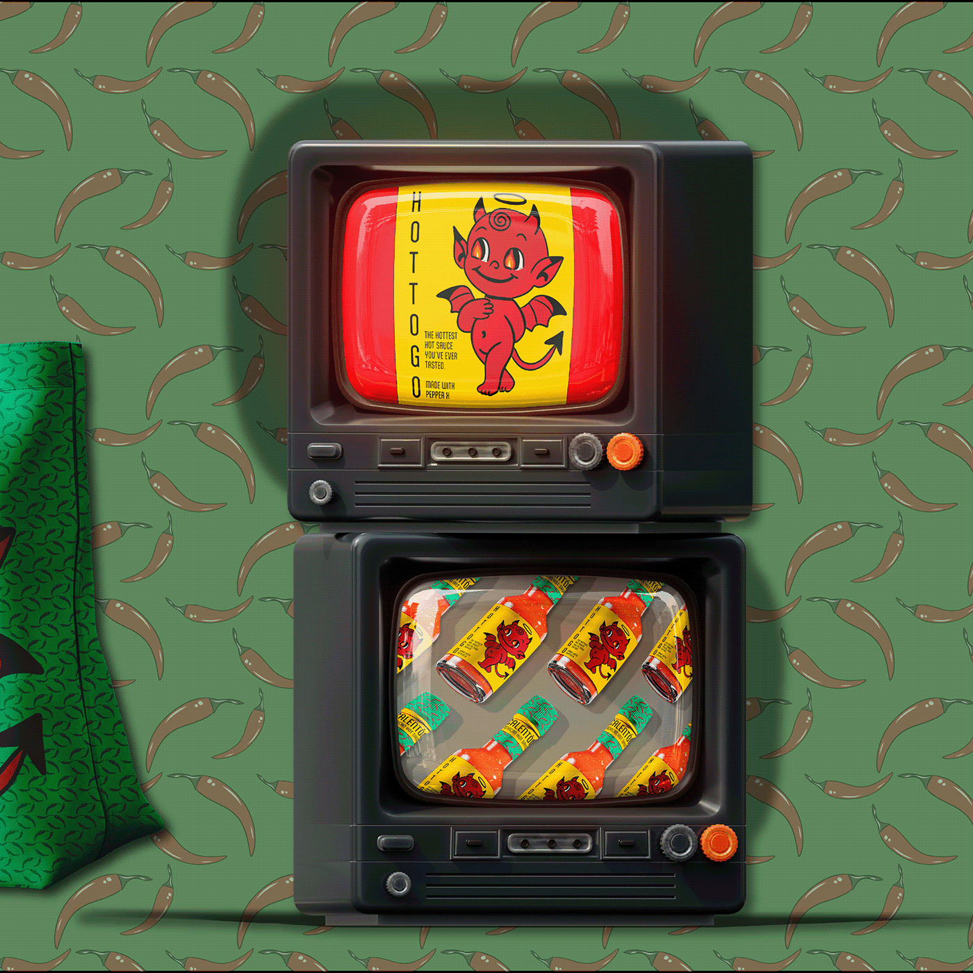 Calentón retro TV advertising mockups — stacked vintage TVs displaying devil mascot and hot sauce bottles on chili pepper pattern | Advertising by Black Rabbit Creative