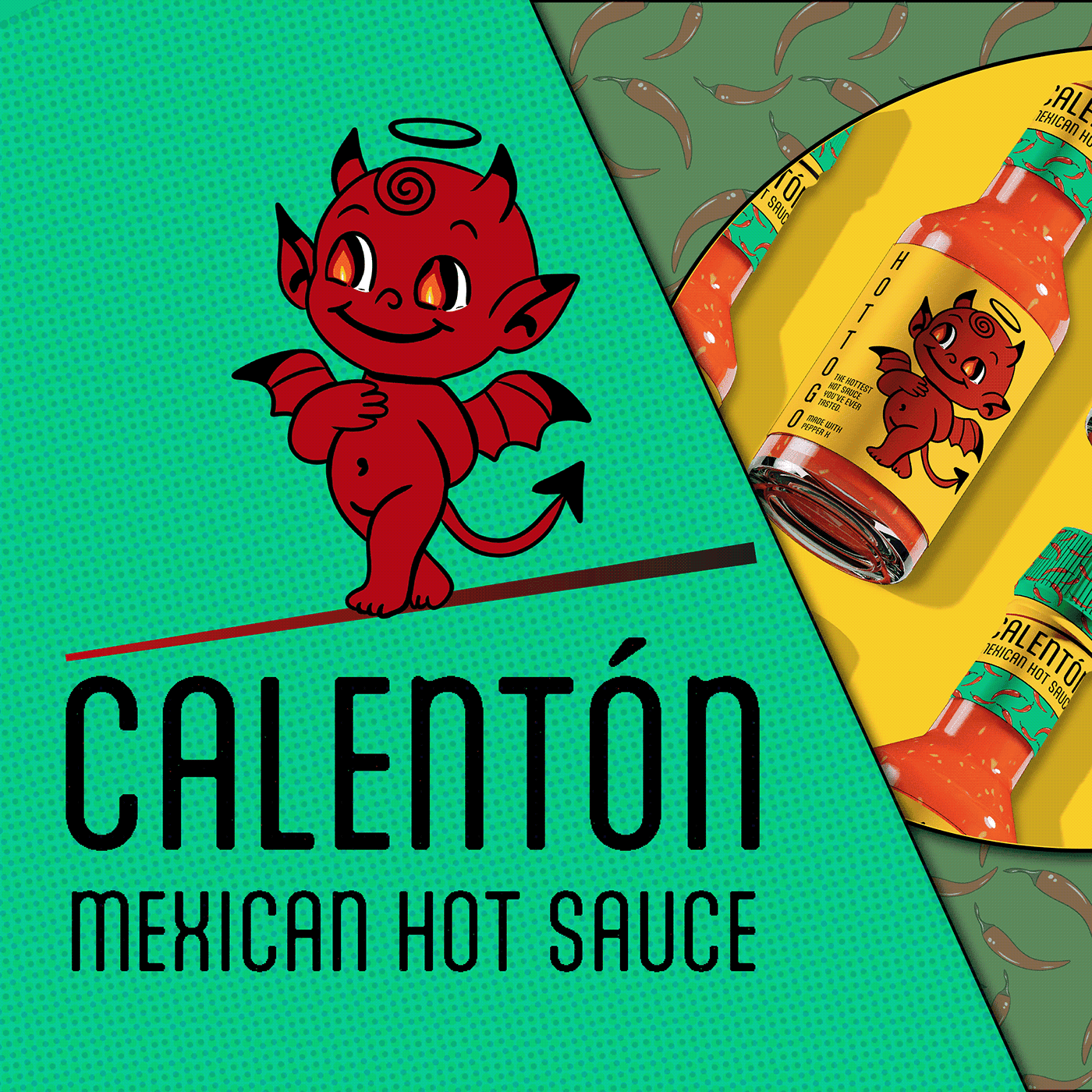 Calentón brand identity — devil mascot with chili pepper pattern and hot sauce bottles | Brand design by Black Rabbit Creative