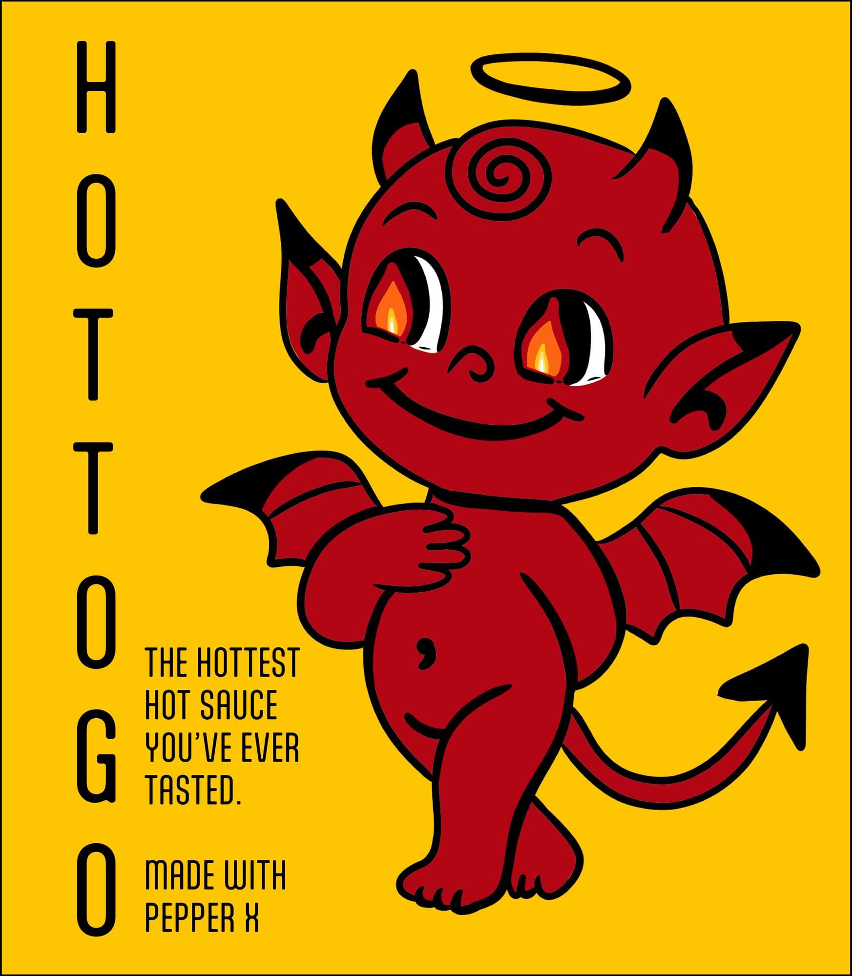 Calentón HOT TO GO package design — yellow background with devil mascot and bold typography | Packaging by Black Rabbit Creative