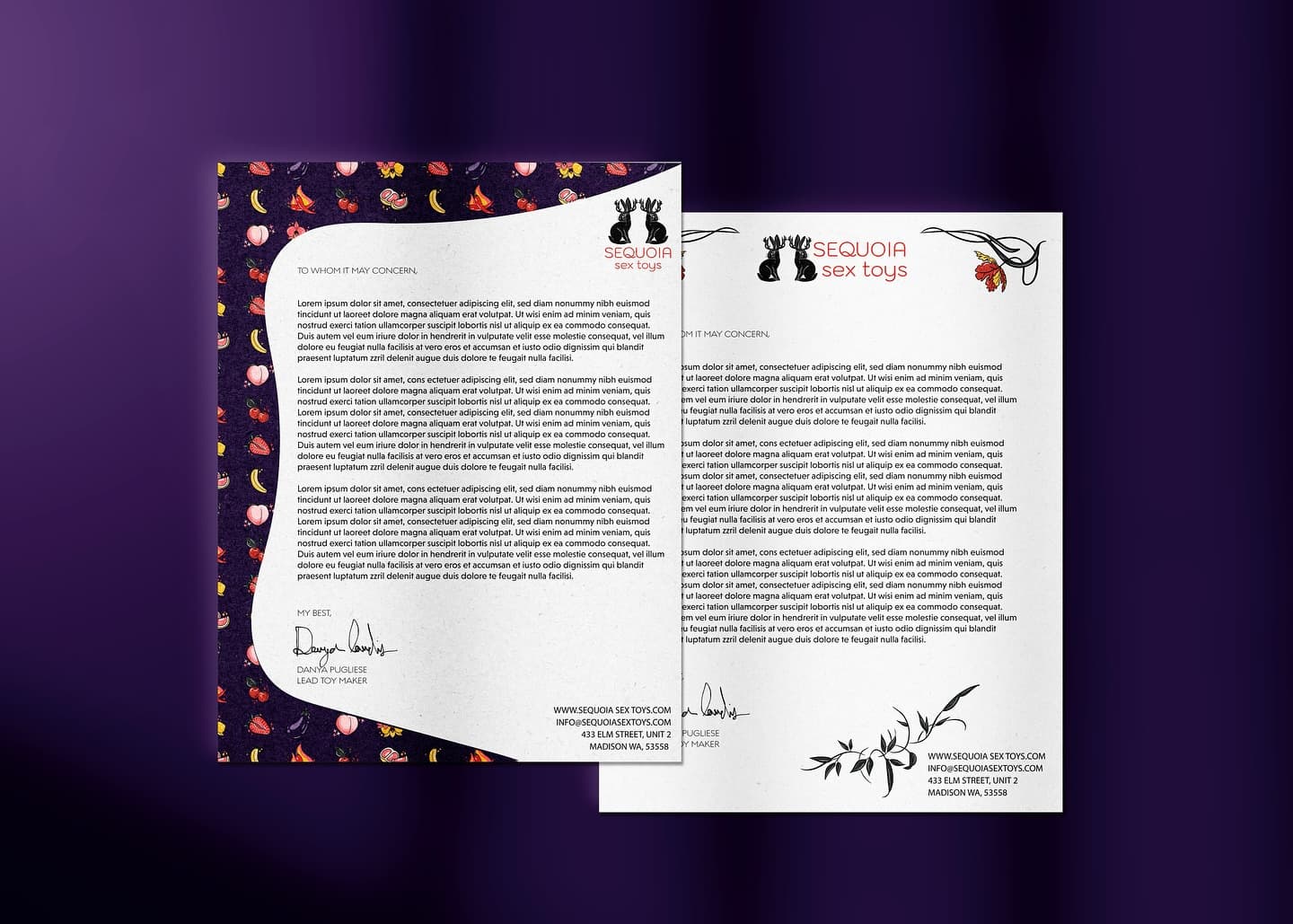Sequoia Sex Toys branded letterhead spread with botanical border illustrations | Stationery design by Black Rabbit Creative