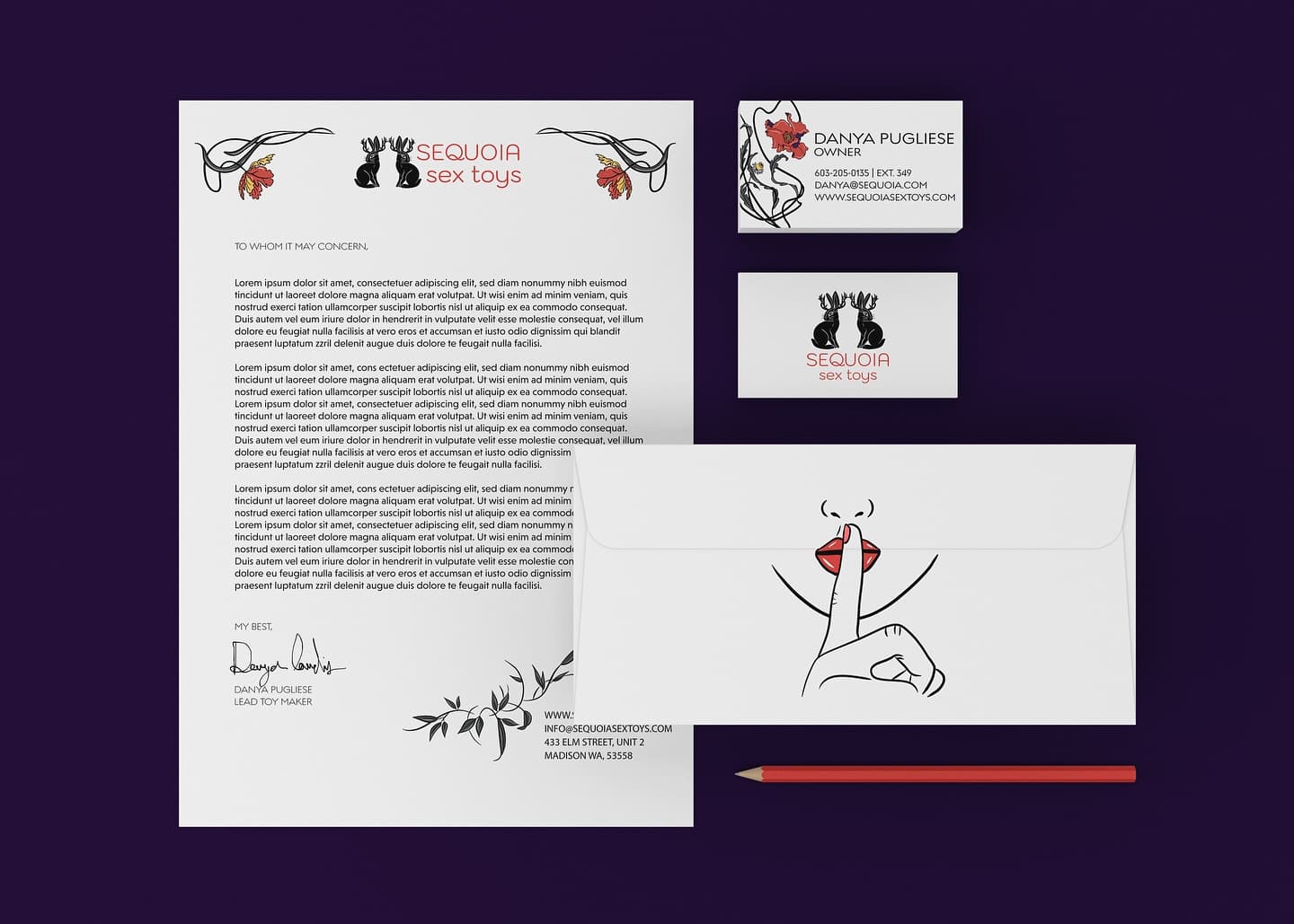 Sequoia Sex Toys complete stationery suite — letterhead, business cards, and envelopes | Designed by Black Rabbit Creative