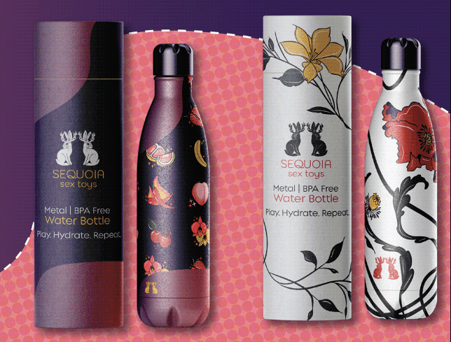 Sequoia Sex Toys branded water bottles with fruit and botanical patterns | Merchandise design by Black Rabbit Creative