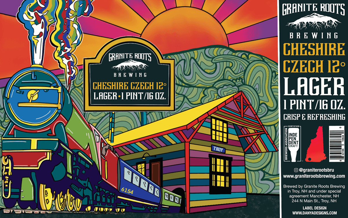 Granite Roots Brewing full wraparound label illustration — Czech village and Troy NH train station | Illustrated by Black Rabbit Creative