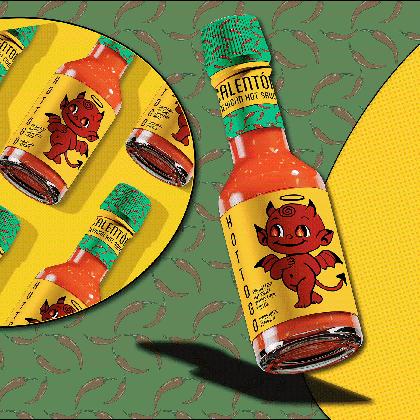 Calentón hot sauce bottle close-up — devil mascot label with chili pepper pattern background | Packaging by Black Rabbit Creative