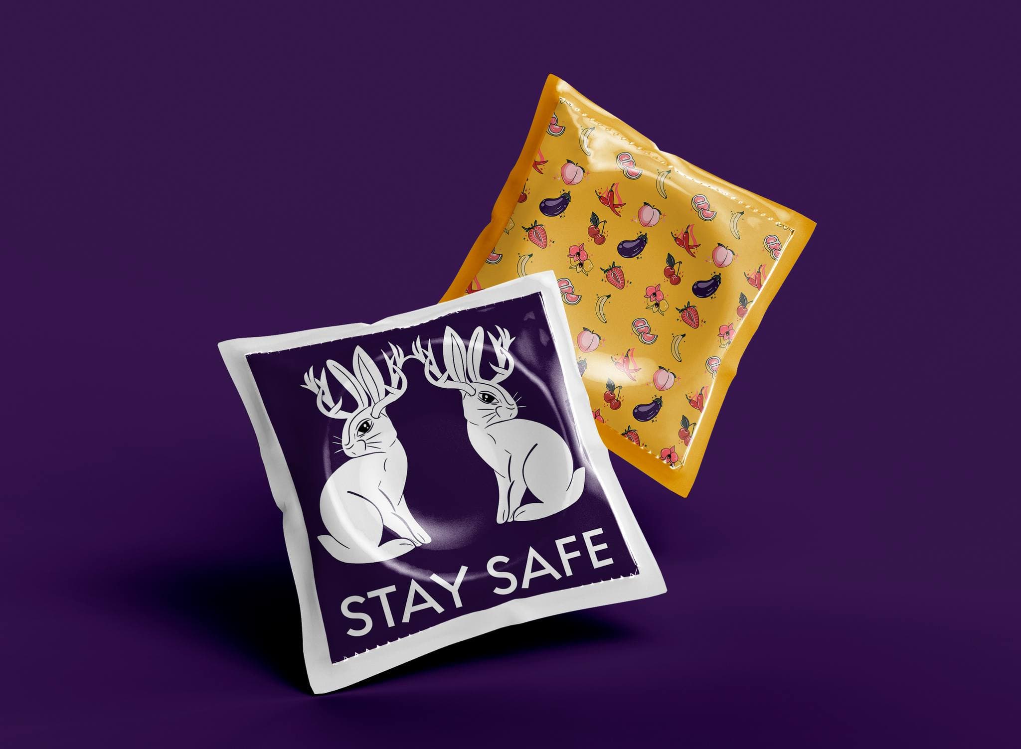 Sequoia Sex Toys branded condom packets with jackalope and fruit-pattern designs | Promotional merchandise by Black Rabbit Creative