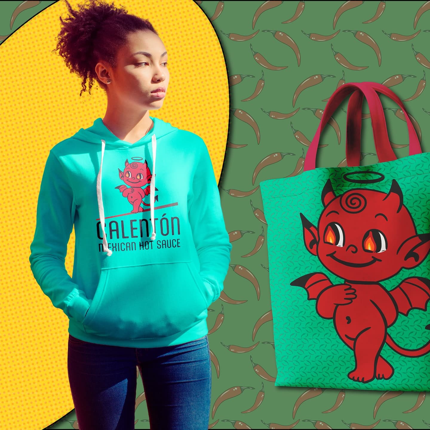 Calentón Mexican Hot Sauce branded merchandise and illustration