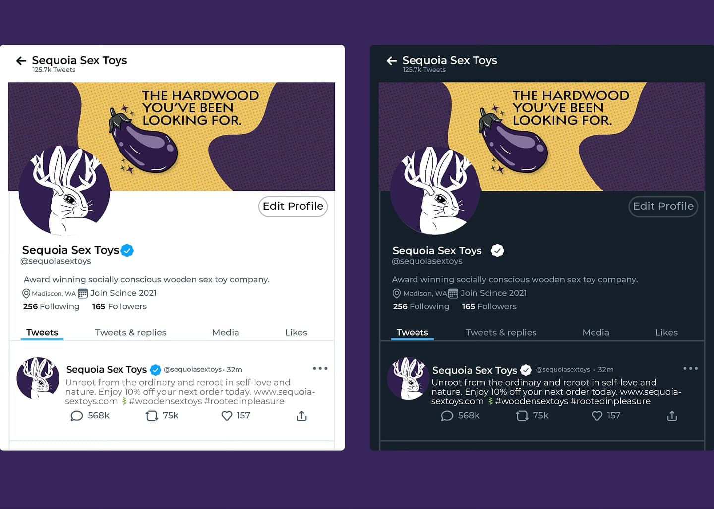 Sequoia Sex Toys Twitter/X profiles in light and dark mode with illustrated eggplant header | Social media design by Black Rabbit Creative