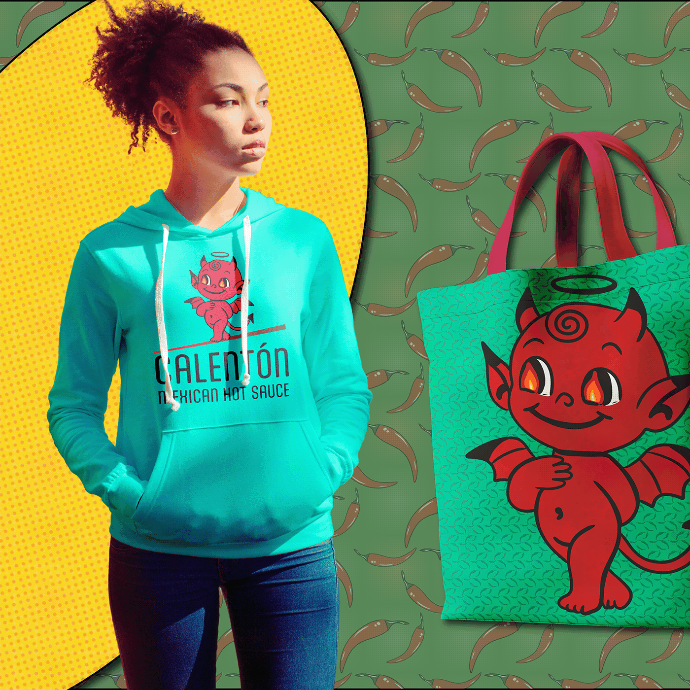 Calentón branded merchandise — woman in teal hoodie with devil mascot logo and branded tote bag on chili pepper pattern | Merchandise by Black Rabbit Creative