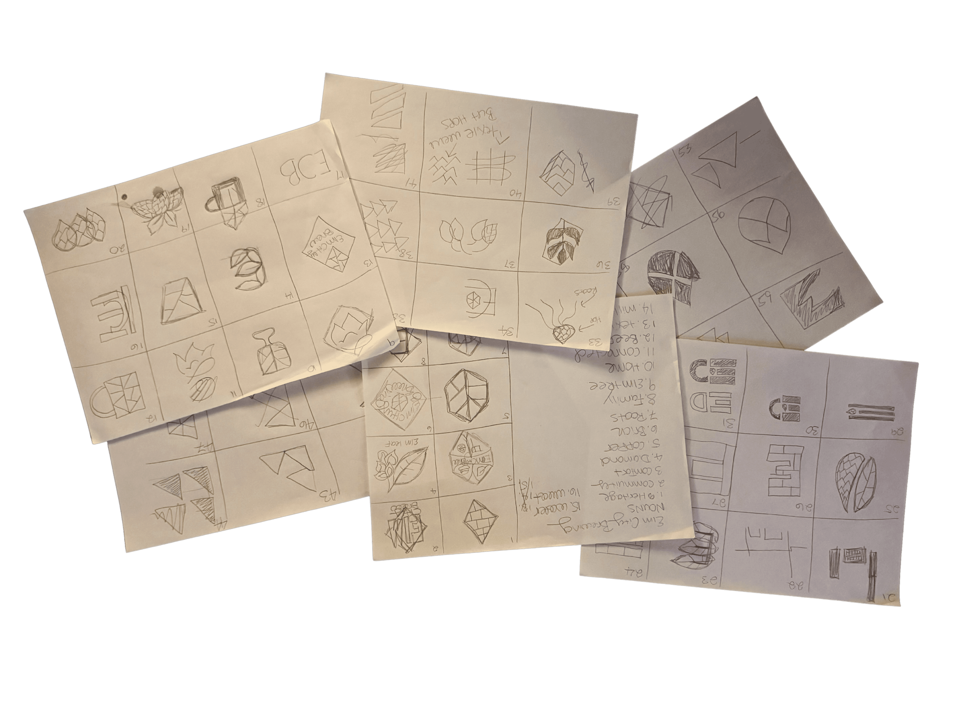 Early logo sketches and concept explorations for Elm City Brewing | Logo design by Black Rabbit Creative