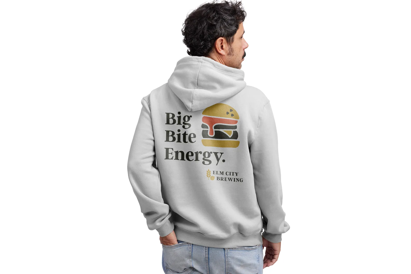 Elm City Brewing Big Bite Energy hoodie worn from behind