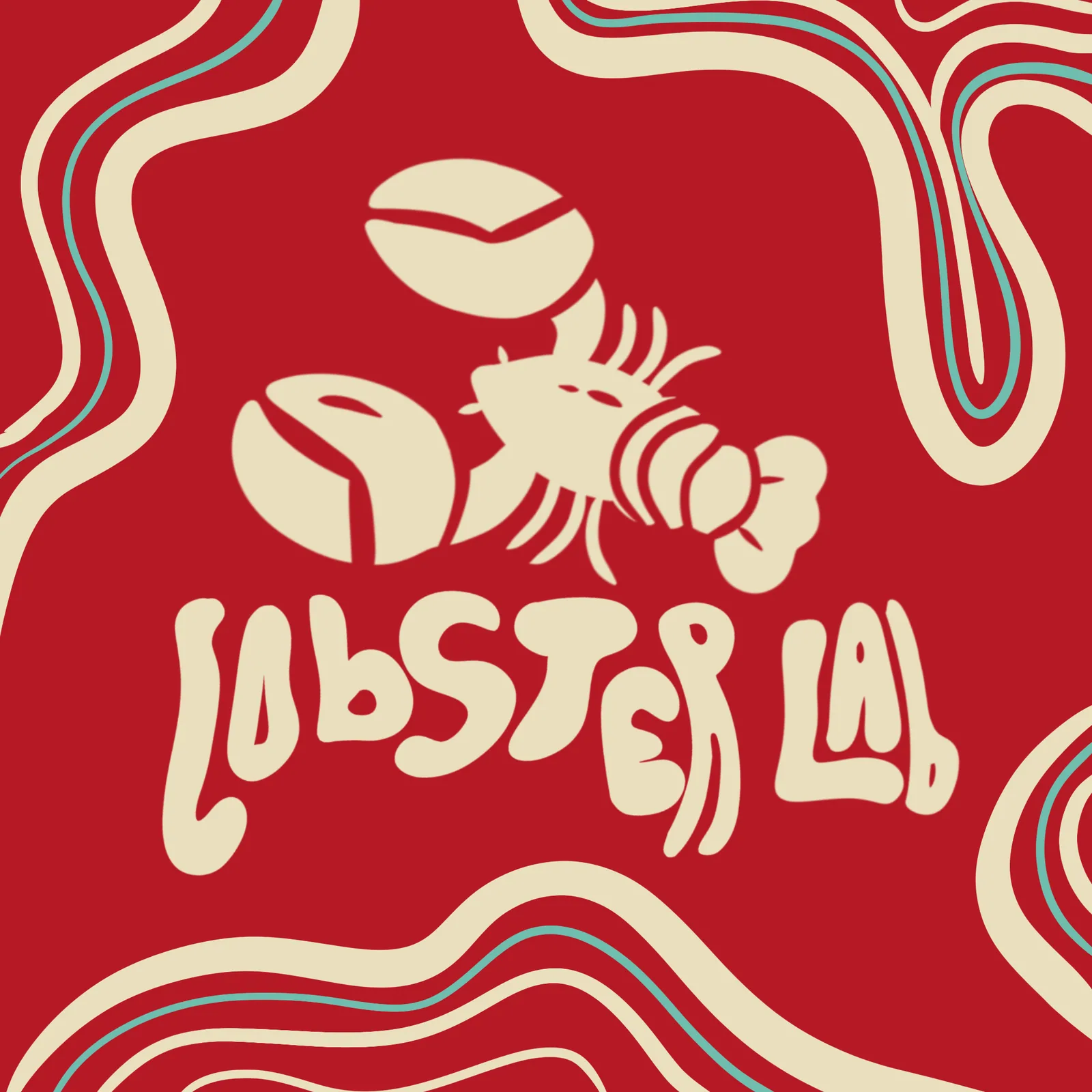 Lobster Lab wordmark and lobster mark in cream on red