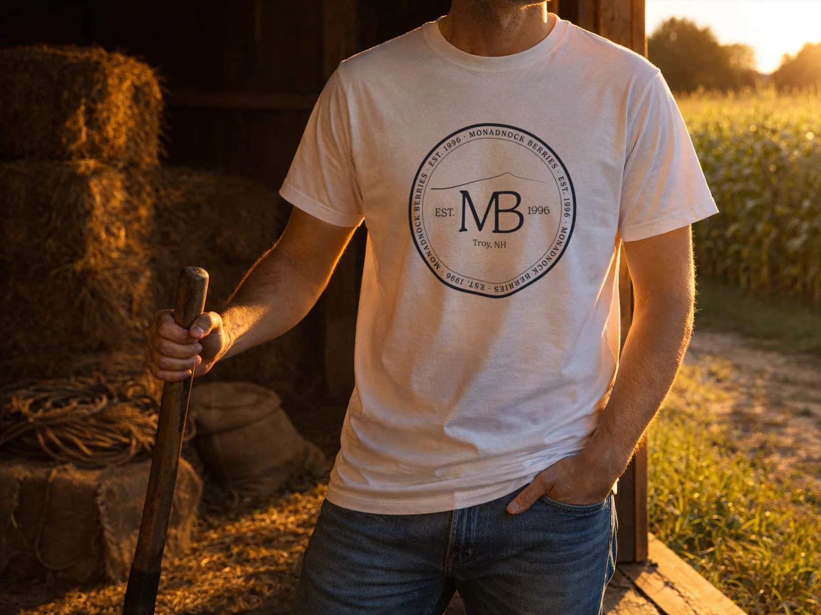 Monadnock Berries branded tee worn in a cornfield at golden hour