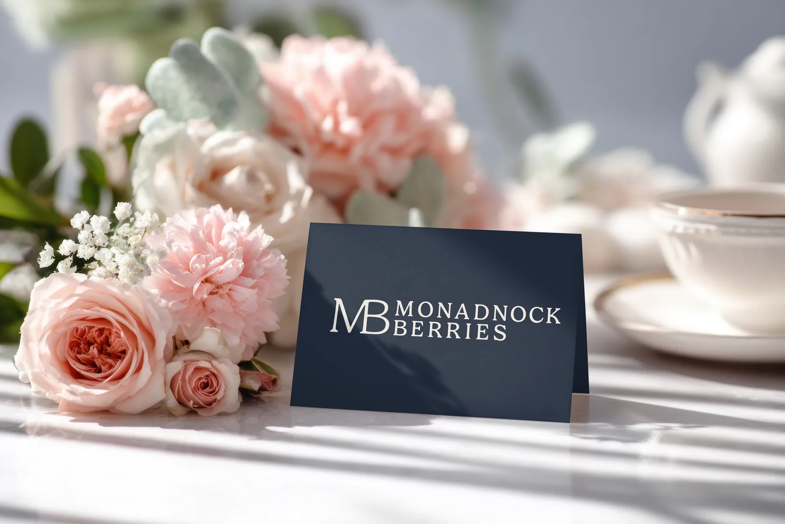 Monadnock Berries business cards on a table set with roses