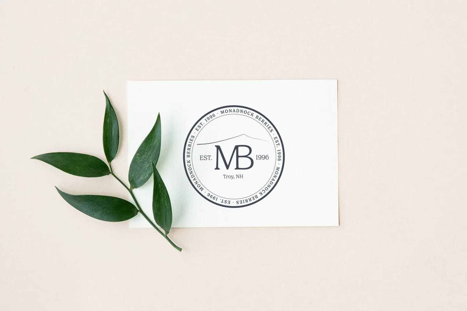 Monadnock Berries business card styled with a leaf