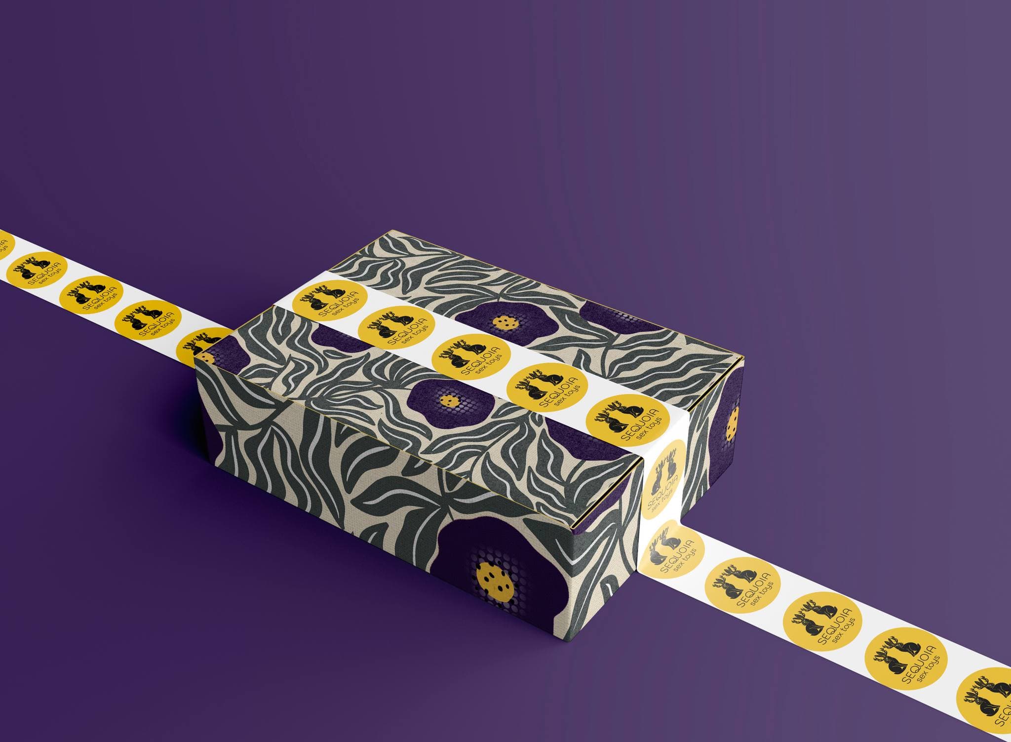 Sequoia Sex Toys branded sticker tape with repeating jackalope logo | Packaging by Black Rabbit Creative