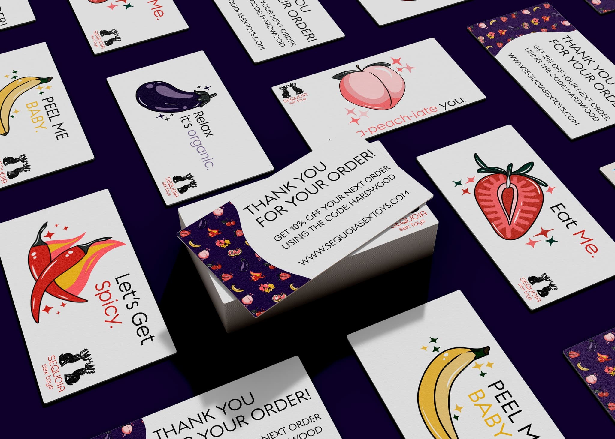 Sequoia Sex Toys illustrated thank-you insert cards with cheeky fruit messaging | Designed by Black Rabbit Creative