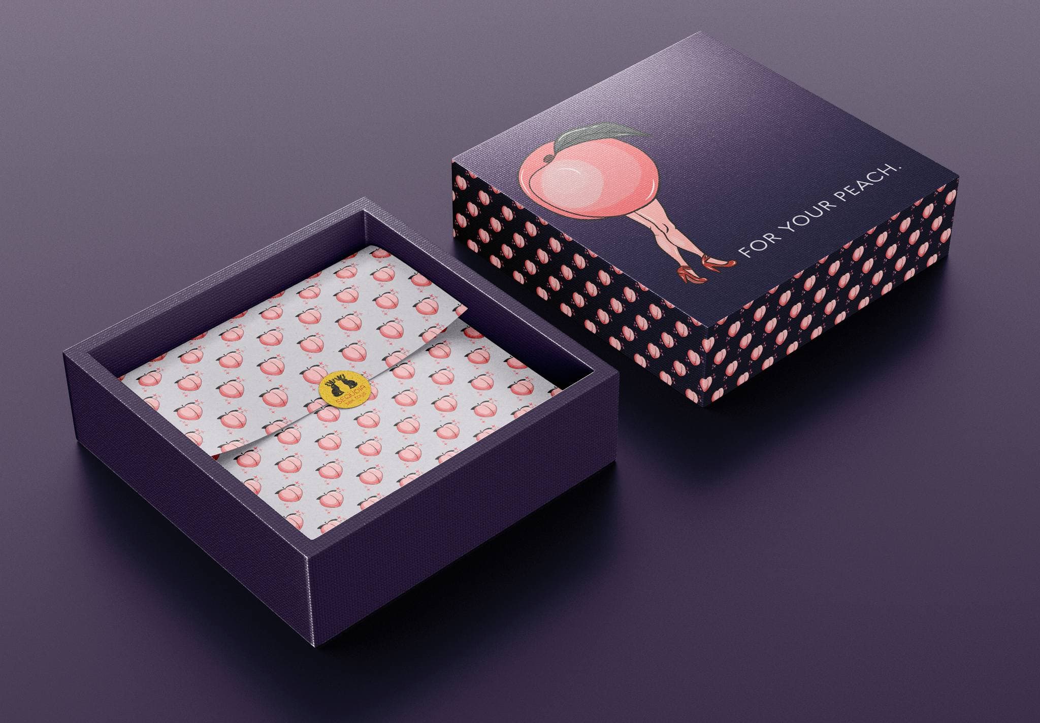 Sequoia Sex Toys 'For Your Peach' illustrated gift box with custom tissue paper | Packaging design by Black Rabbit Creative