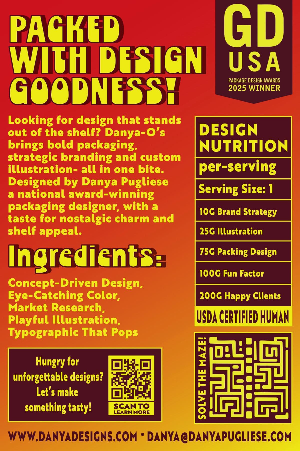 Danya-O's Creative Crunch cereal box back — Design Nutrition panel with brand strategy breakdown | Designed by Black Rabbit Creative