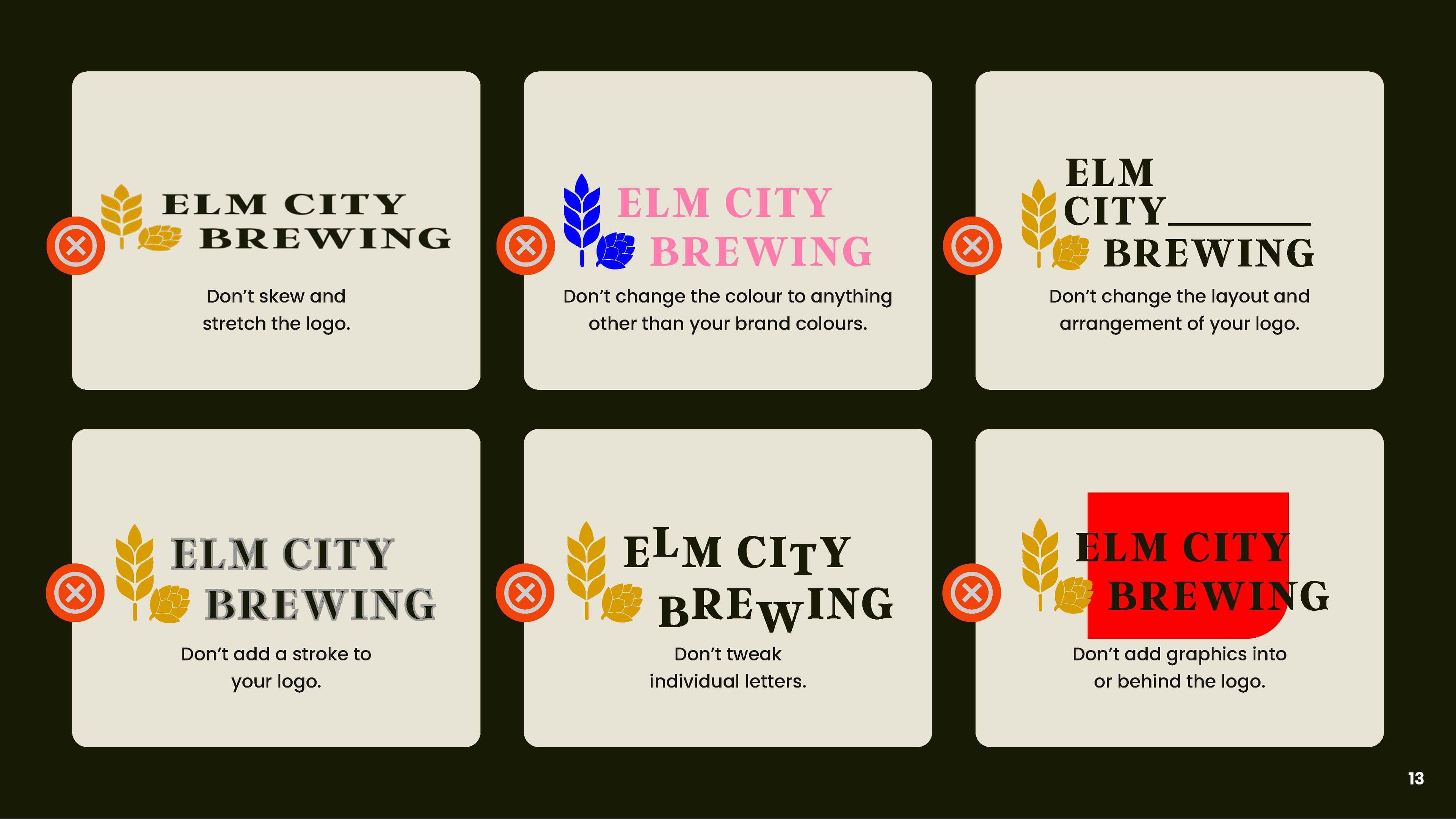 Elm City Brewing — Incorrect Usage Examples | Brand guidelines by Black Rabbit Creative