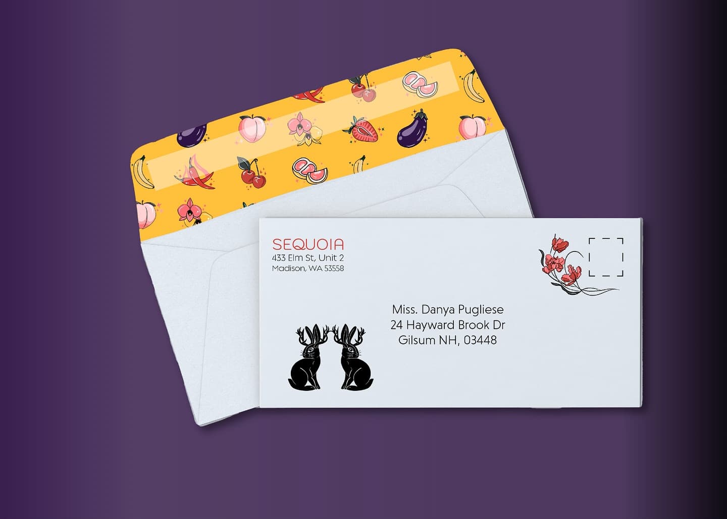 Sequoia Sex Toys branded envelopes with jackalope mark and fruit-motif liner | Designed by Black Rabbit Creative