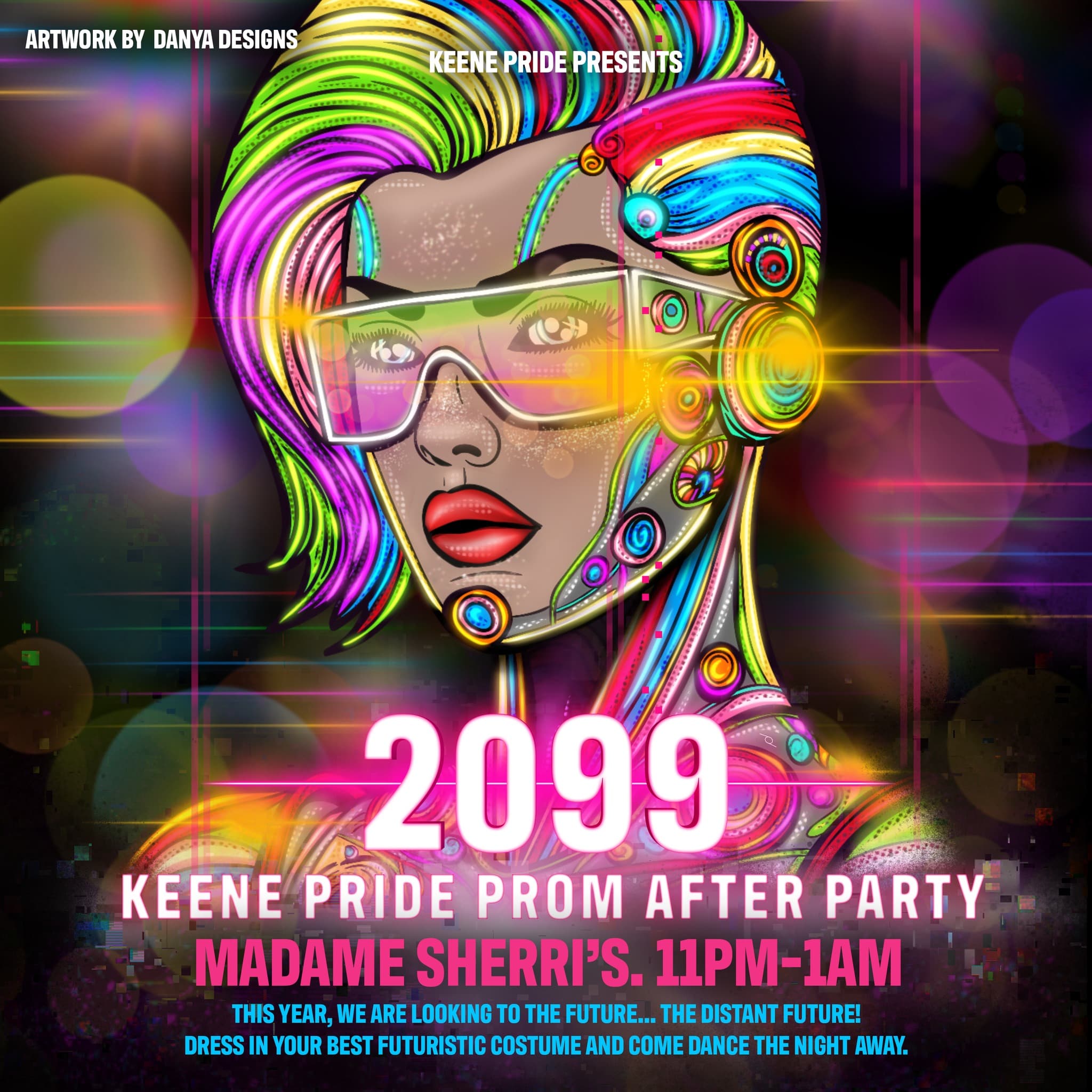 Keene Pride Prom After Party '2099' — futuristic neon-illustrated event poster | Designed by Black Rabbit Creative