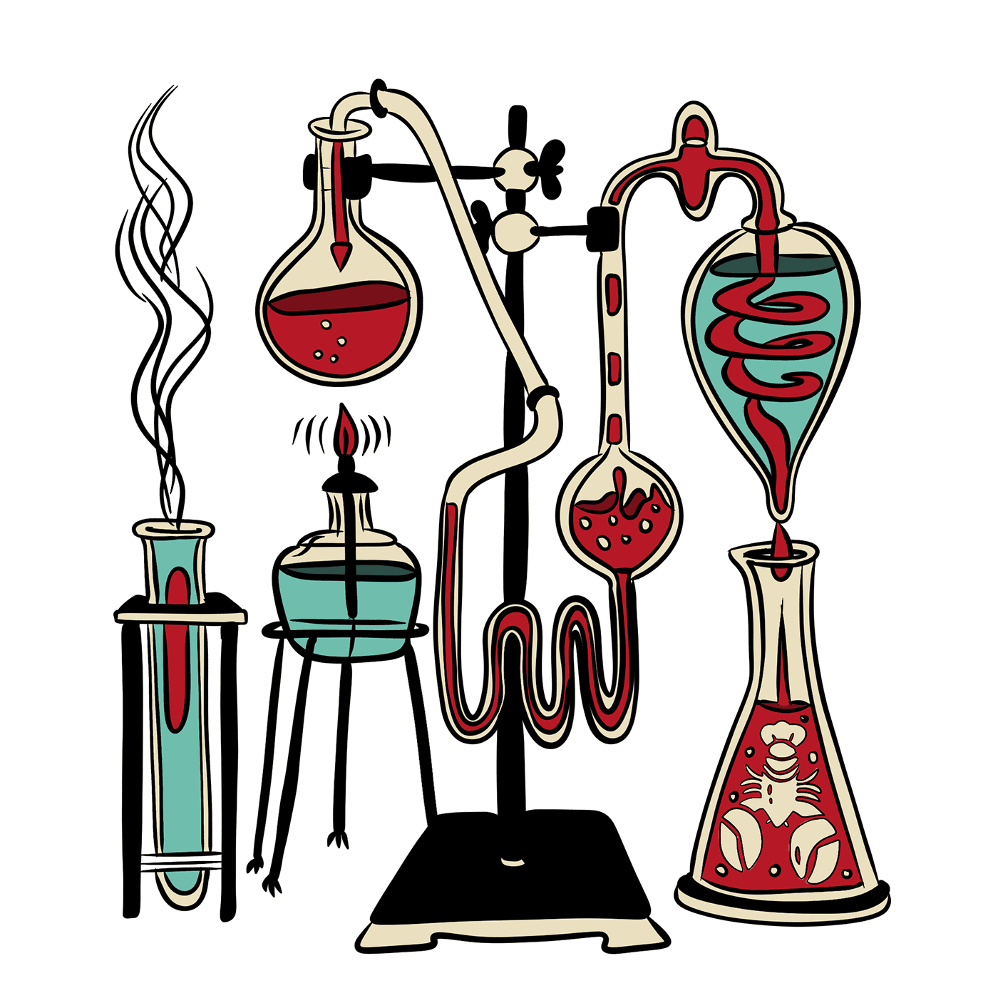 Lobster Lab custom illustration — retro science laboratory equipment with lobster motifs | Illustrated by Black Rabbit Creative