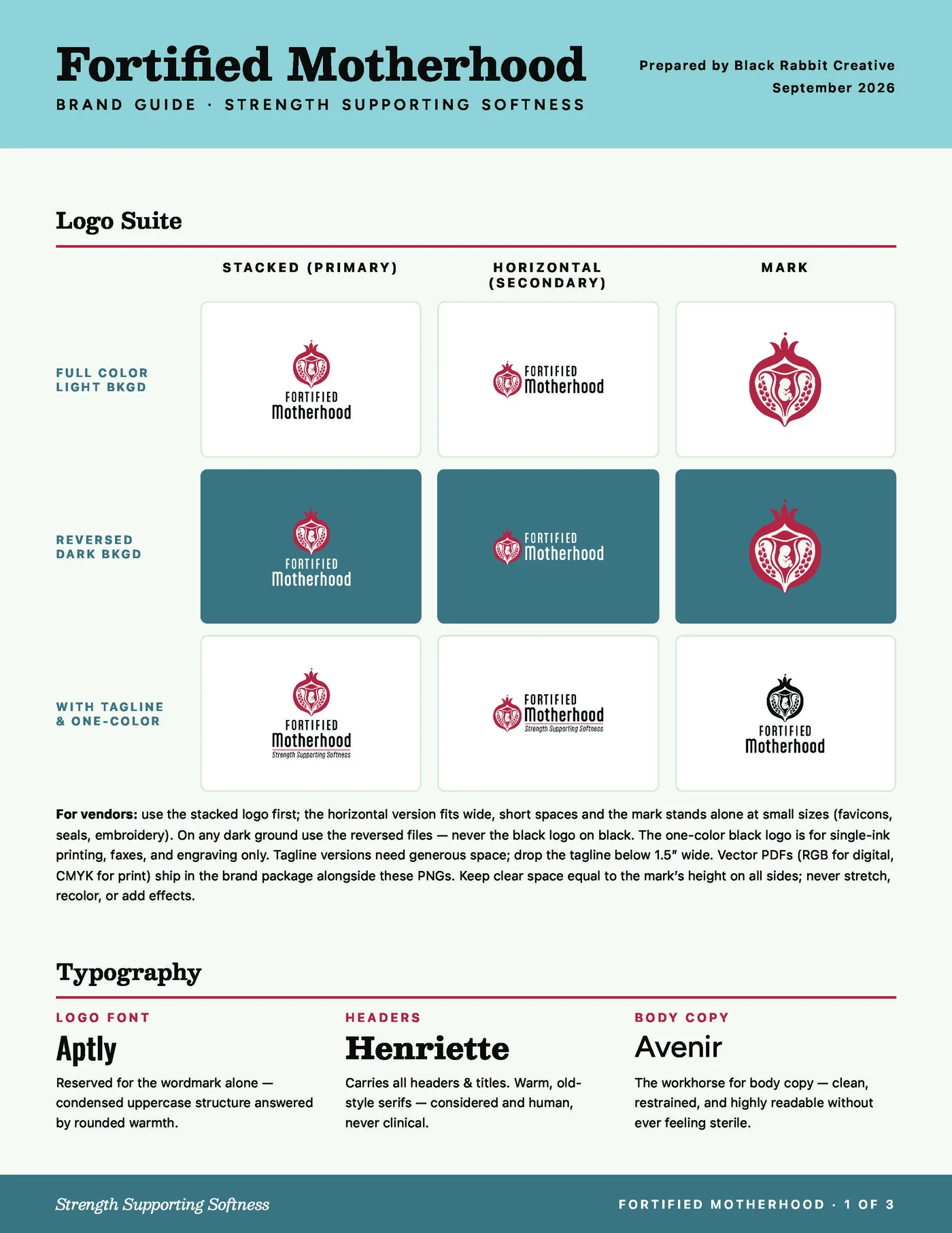 Fortified Motherhood brand guide page 1 of 3 — designed by Black Rabbit Creative