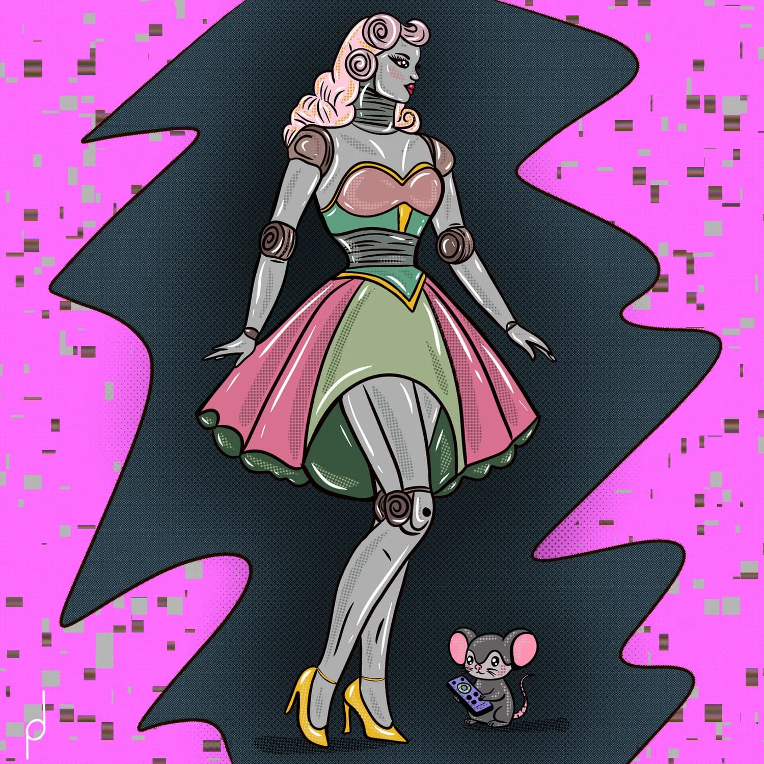 Retro illustration of a robot woman with a mouse
