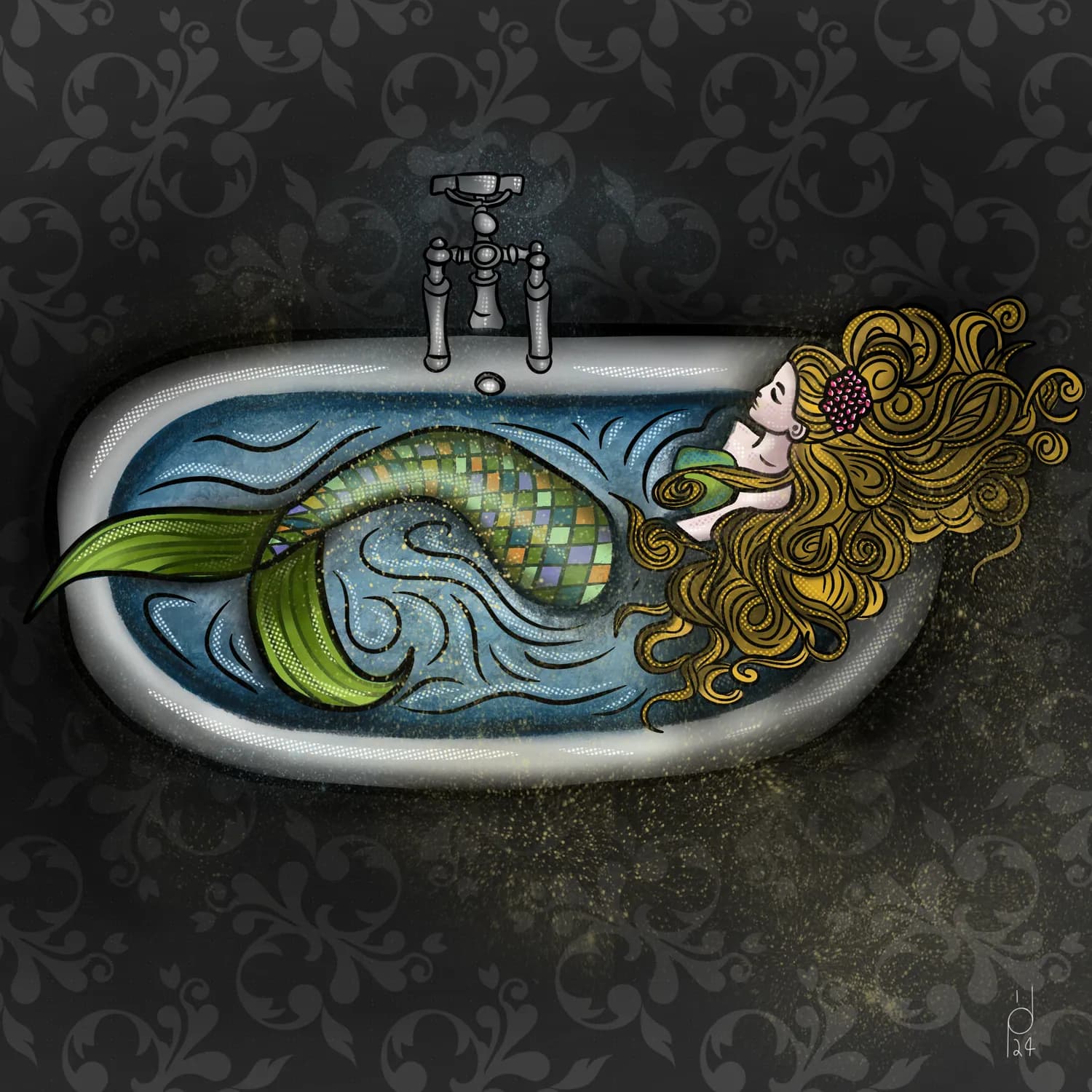 Illustration of a mermaid in a clawfoot tub