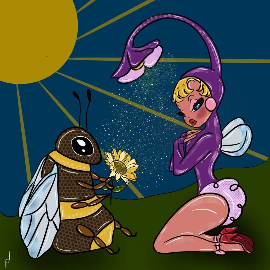 Illustration of a firefly fairy meeting a bee