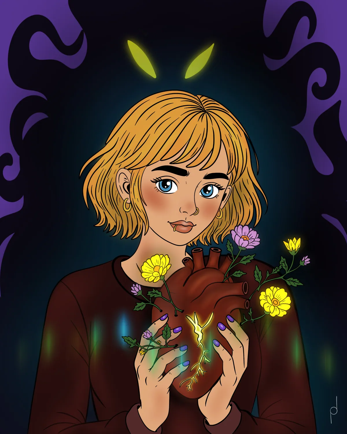 Illustration of a girl holding a flowering heart