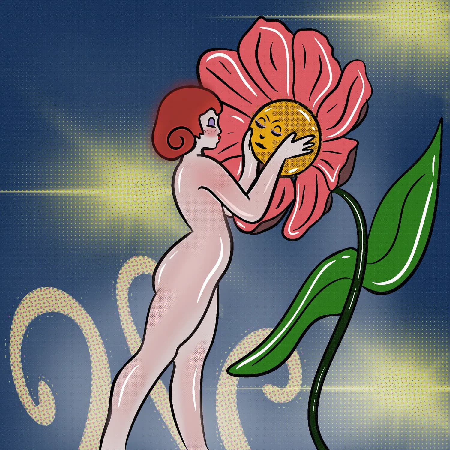 Illustration of a figure emerging from a flower