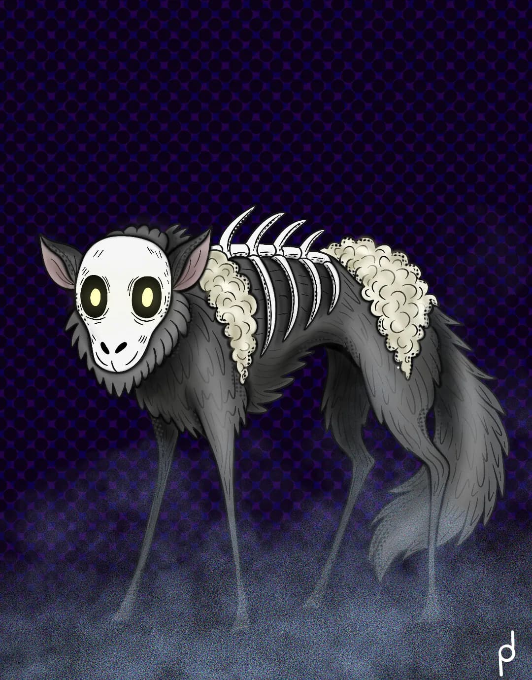 Illustration of a skeletal wolf under a violet sky