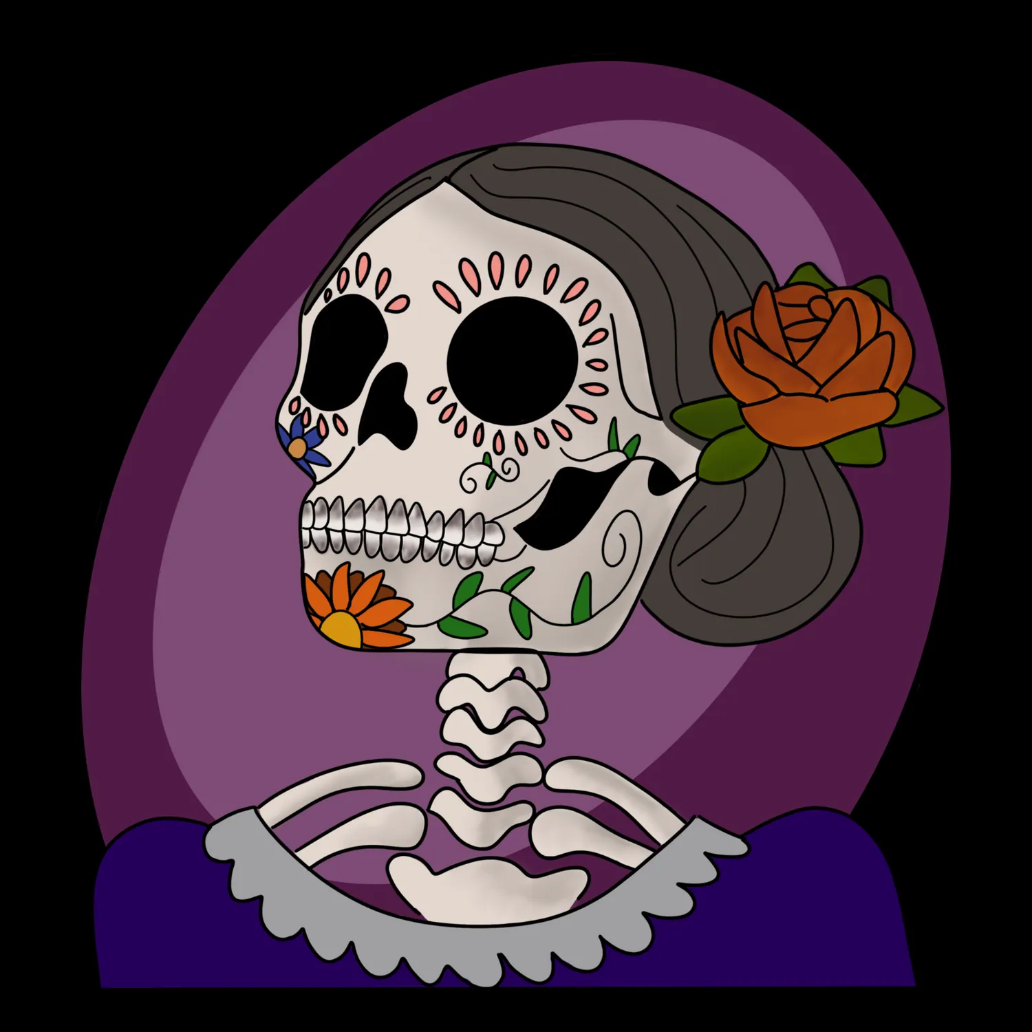 Illustration of a sugar-skull woman with roses