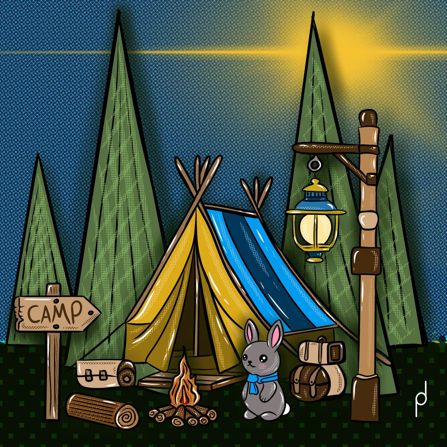 Illustration of tents and a rabbit at a lantern-lit campsite
