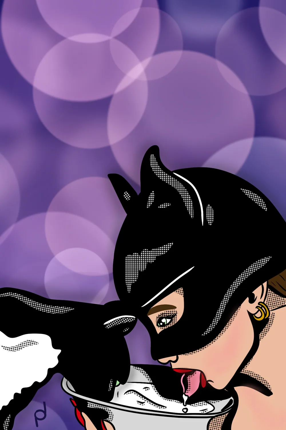 Illustration of a masked figure in a cat cowl drinking cream from a saucer