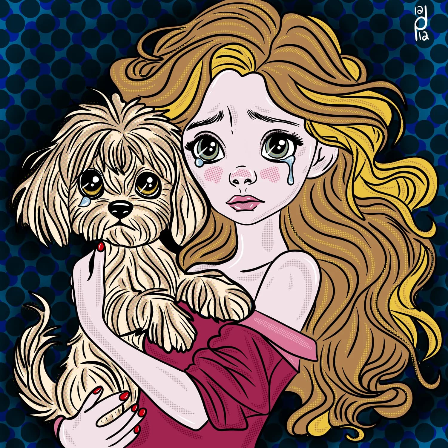 Illustration of a crying woman holding a small dog
