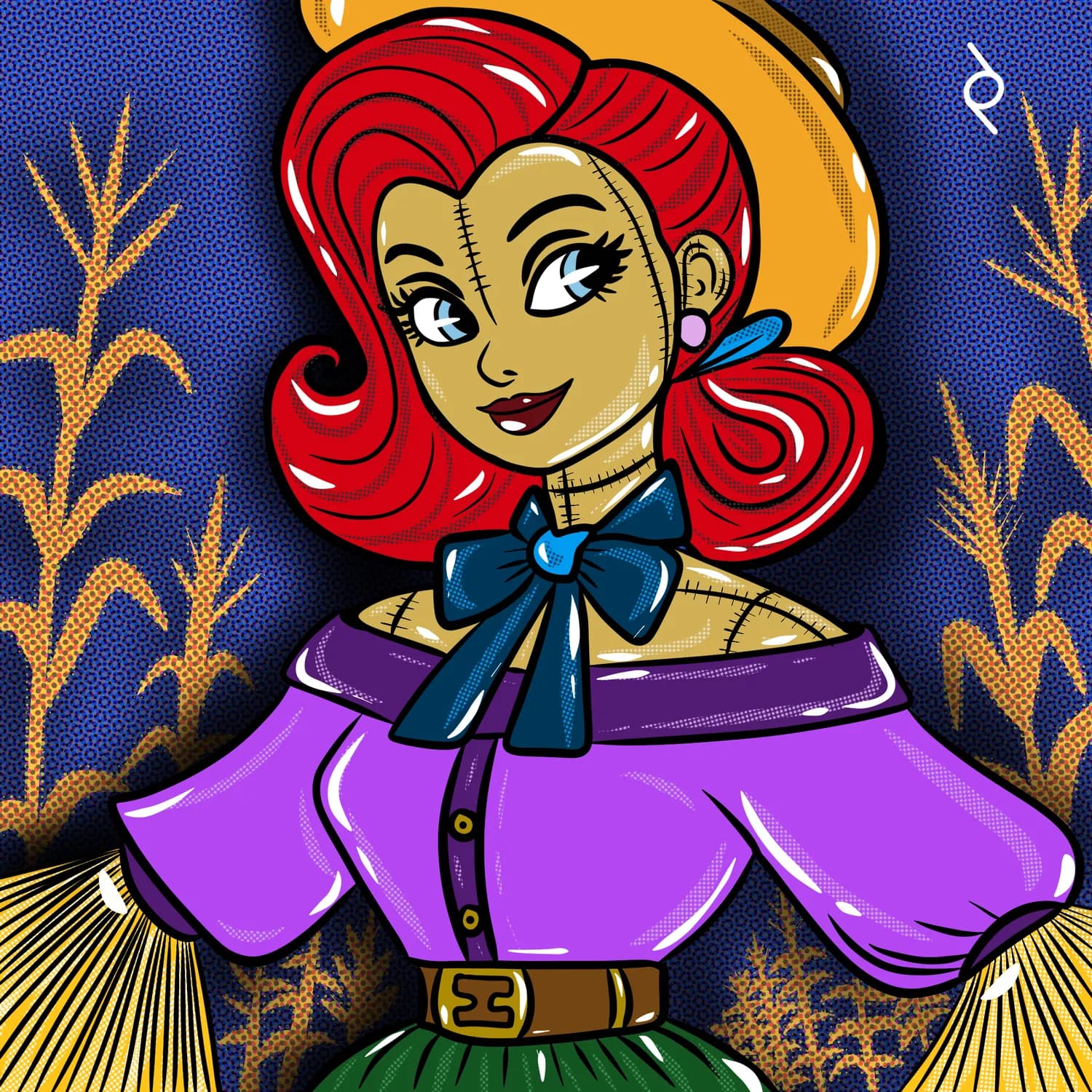 Illustration of a red-haired woman in a corn field