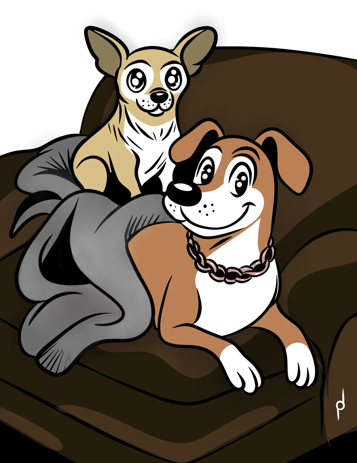 Illustration of two dogs sharing a sofa