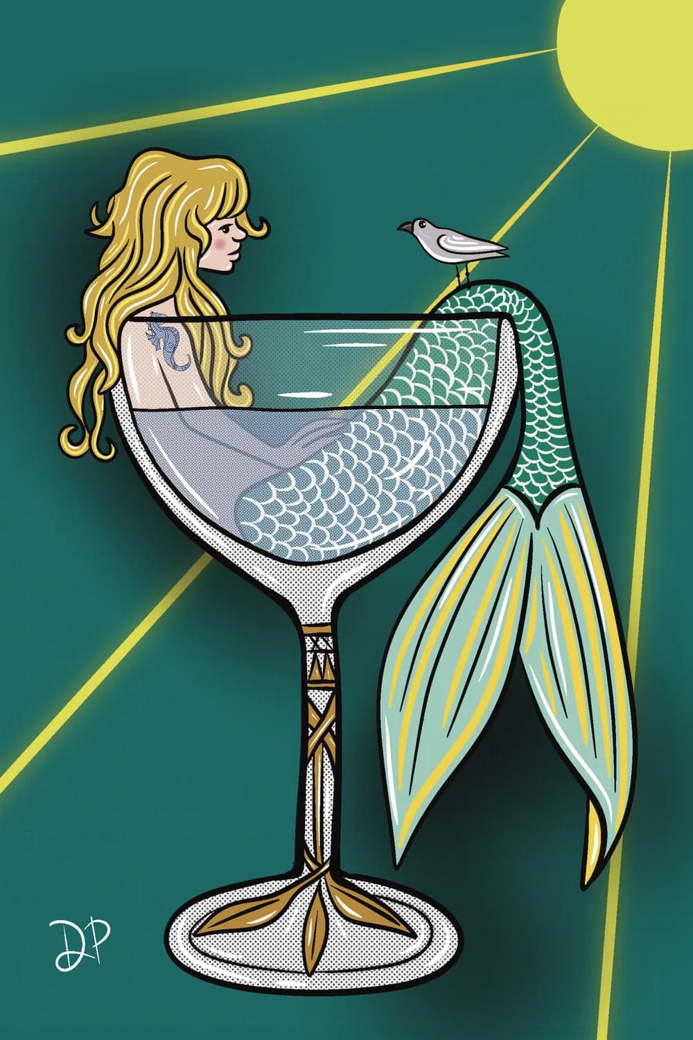 Illustration of a mermaid in a cocktail glass