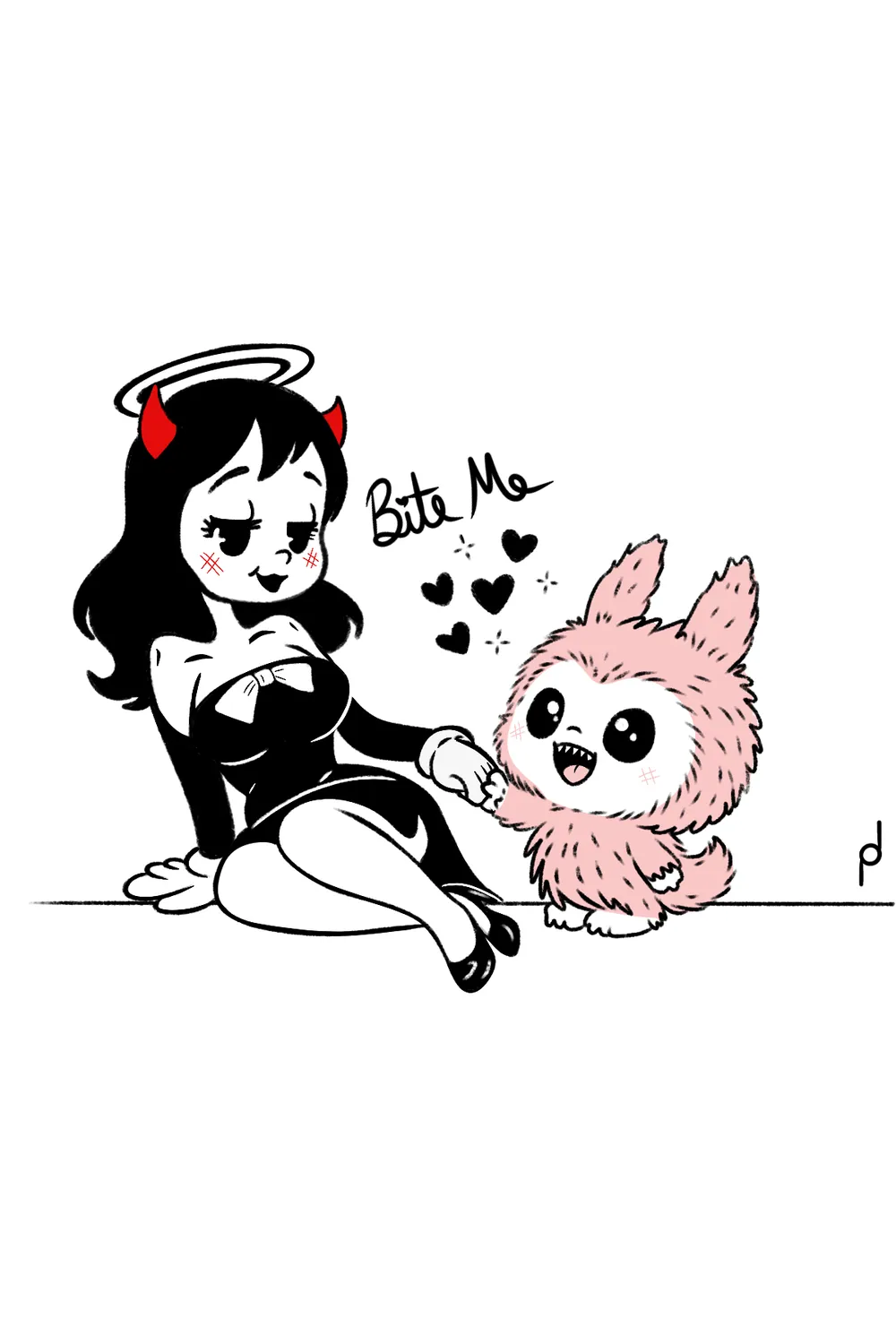 Ink and color illustration of a pin-up devil with a plush rabbit