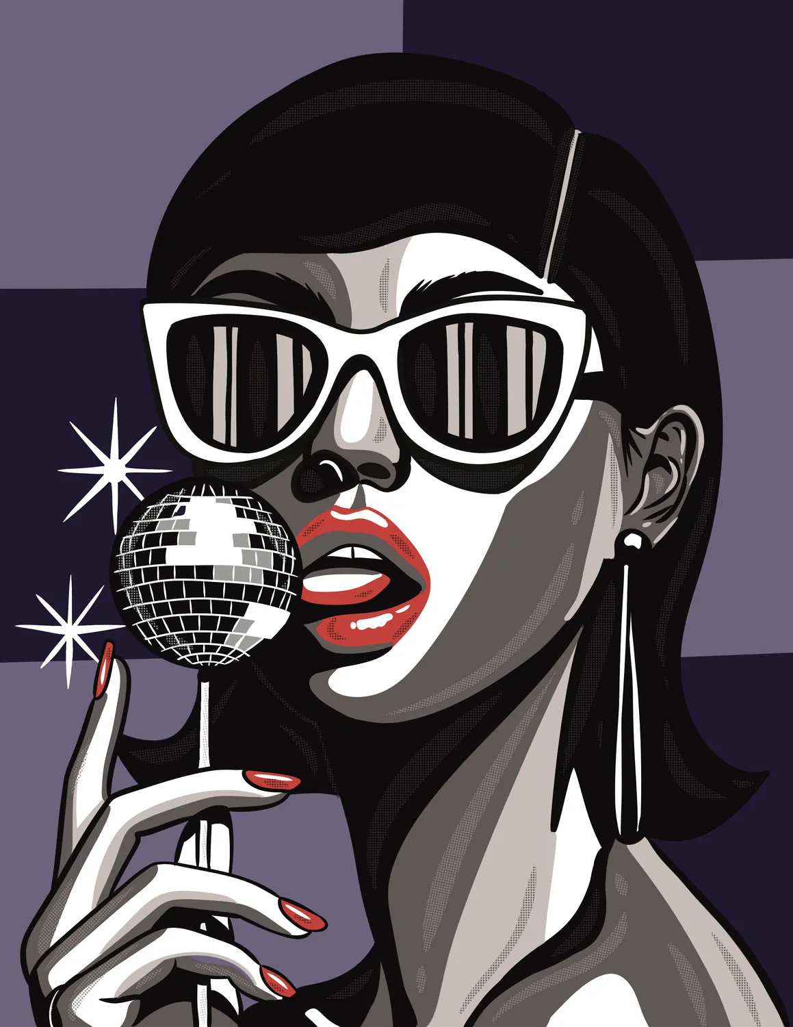 Illustration of a singer holding a mirrorball microphone