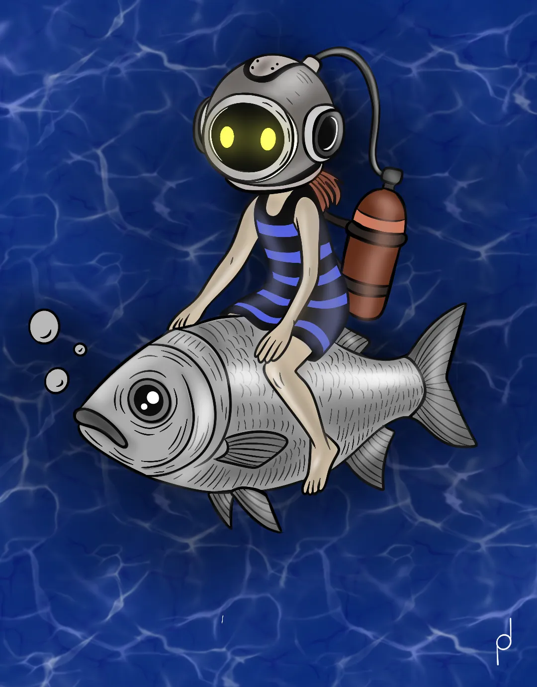 Illustration of a deep-sea diver riding a fish